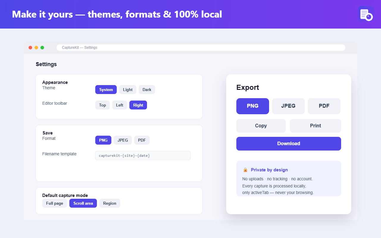 Settings page